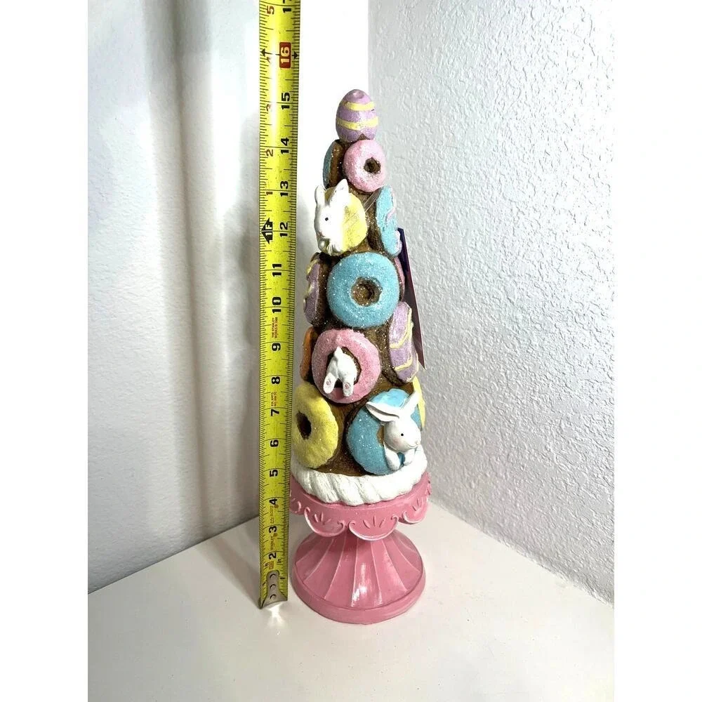 Sweet Treats Bunny Donut Topiary Figurine Pastel Bunny Pedestal Cottage Decor NT